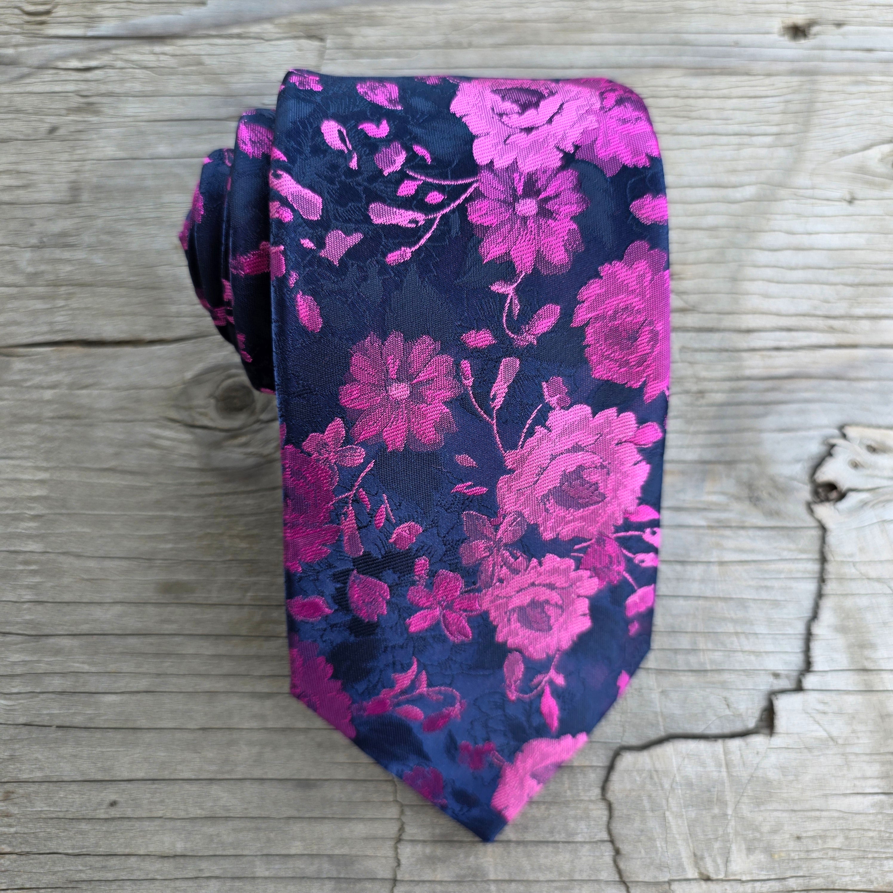 Navy Hot Pink Floral Silk Tie Pocket Square Cufflink Set