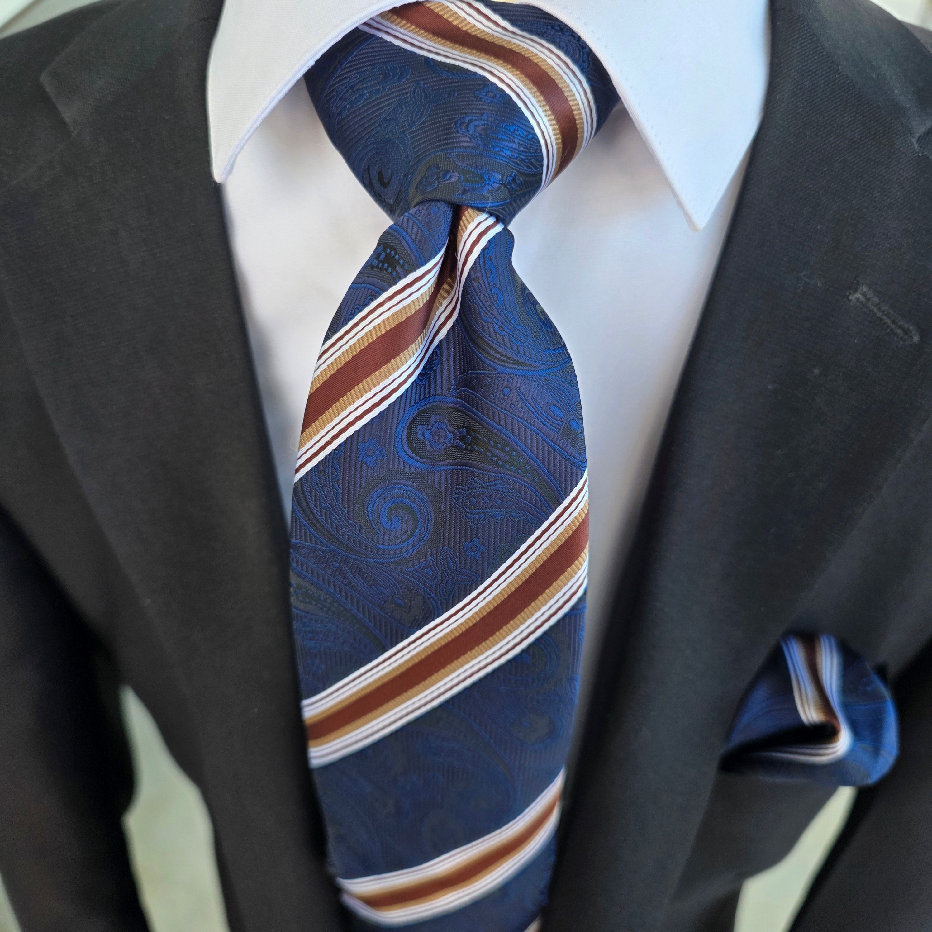 Navy Blue Striped Silk Tie Pocket Square Cufflinks Set