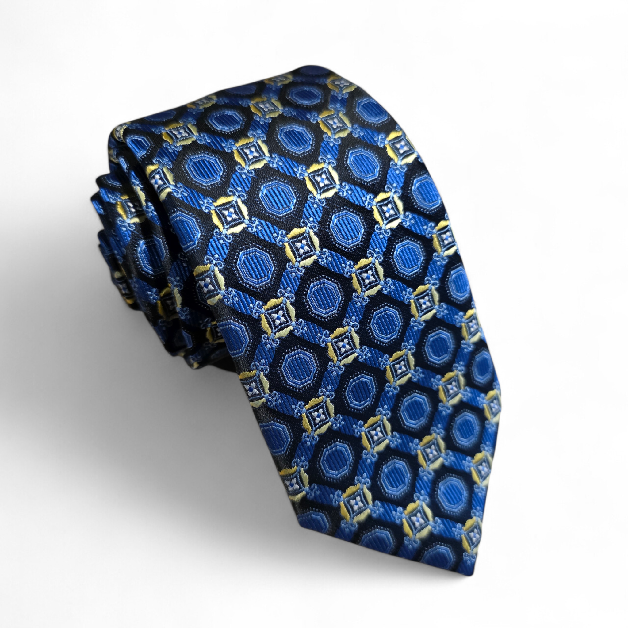 Navy Royal Blue Geometric Silk Tie Pocket Square Cufflink Set