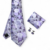 Purple Lavender Floral Silk Tie Pocket Square Cufflink Set