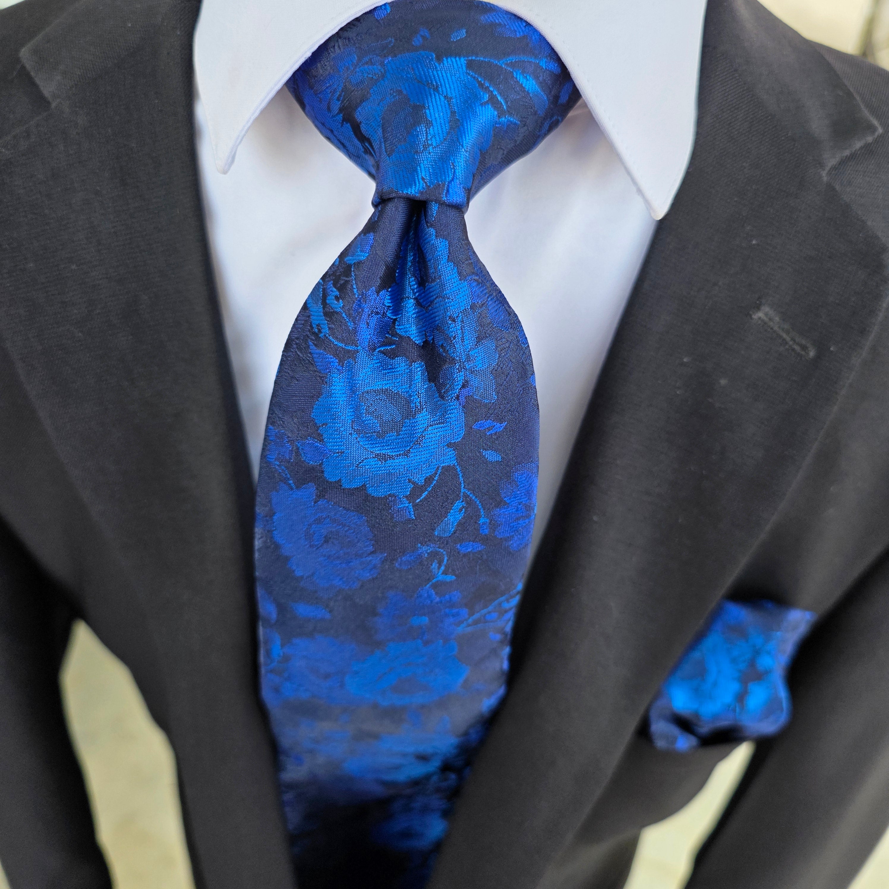 Navy Royal Blue Floral Silk Tie Pocket Square Cufflink Set