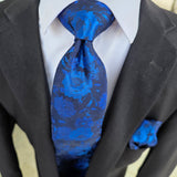 Navy Royal Blue Floral Silk Tie Pocket Square Cufflink Set