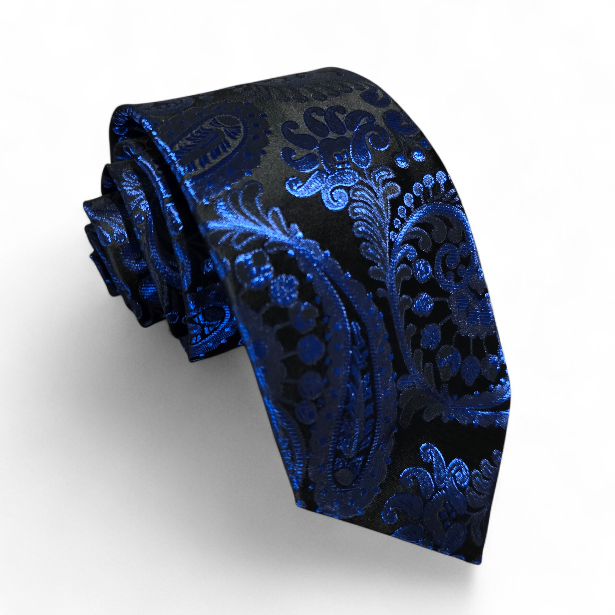 Navy Royal Blue Paisley Silk Tie Pocket Square Cufflink Set