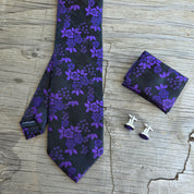Purple Black Floral Silk Tie Pocket Square Cufflink Set