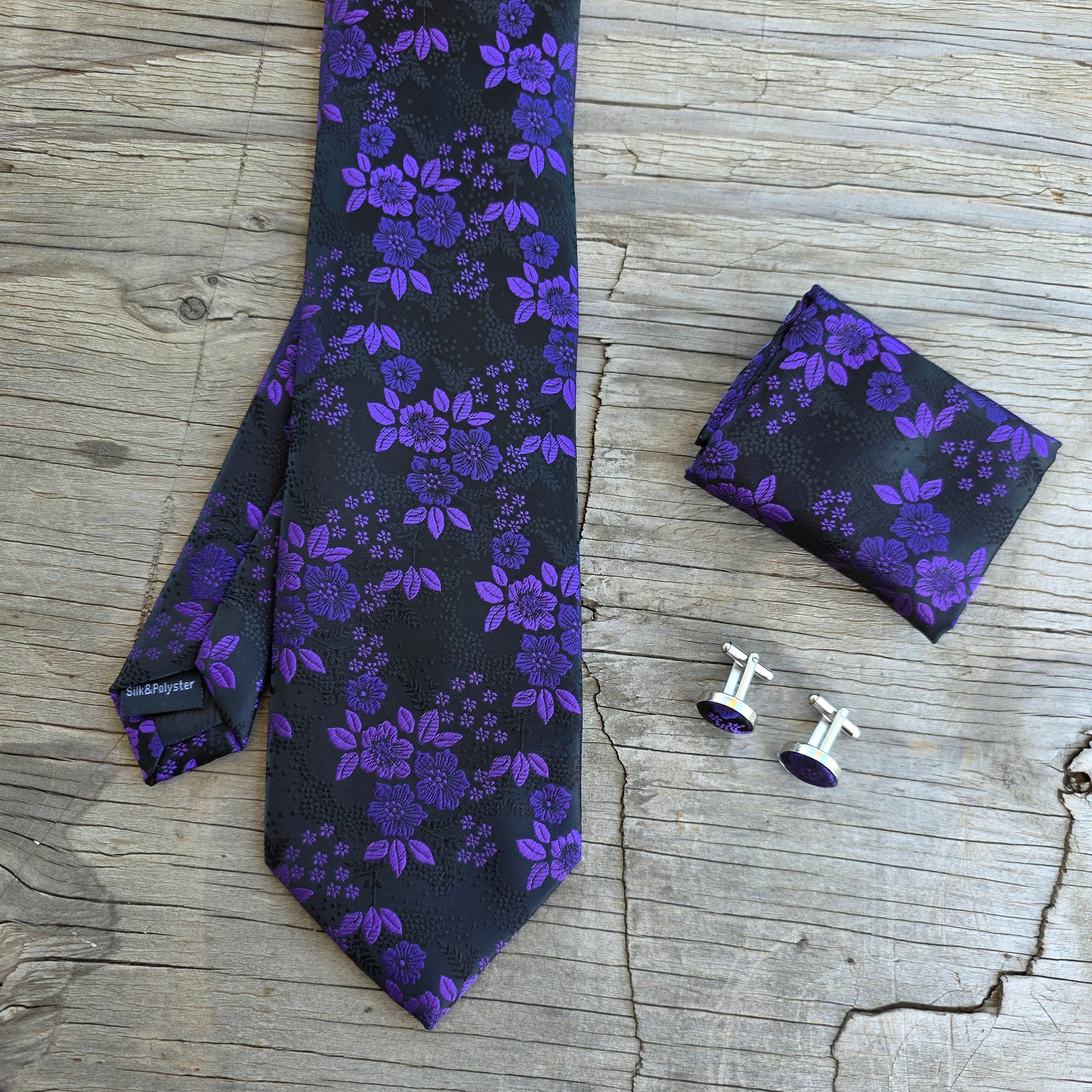Purple Black Floral Silk Tie Pocket Square Cufflink Set