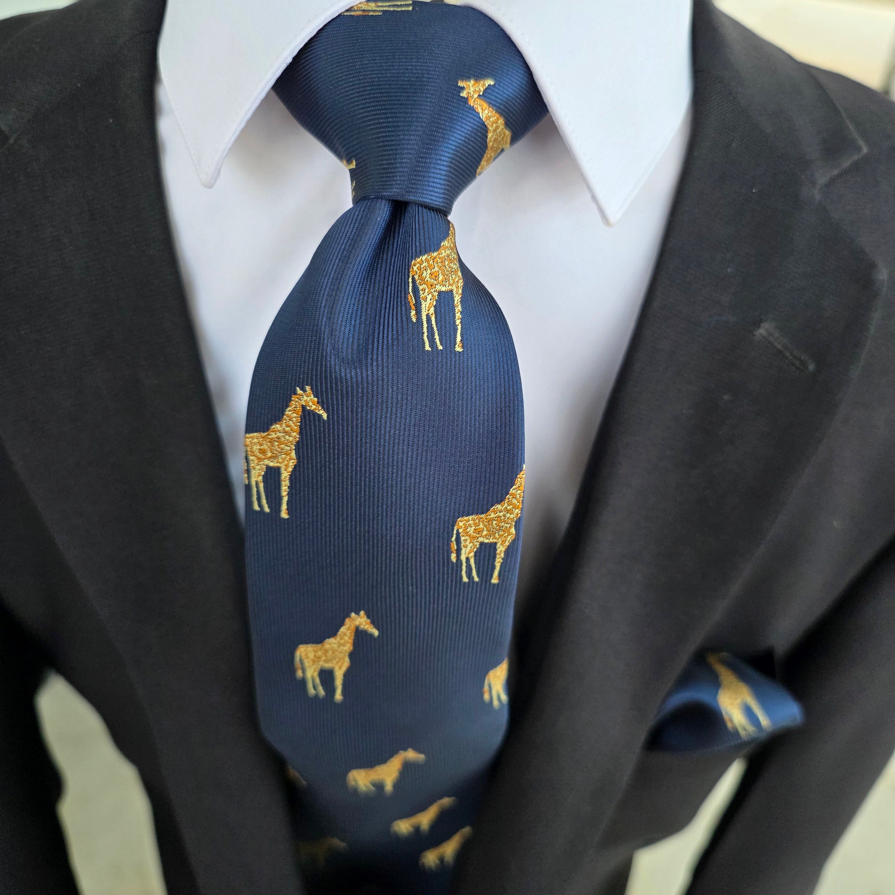 Navy Blue Gold Giraffe Silk Tie Pocket Square Cufflink Set