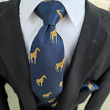 Navy Blue Gold Giraffe Silk Tie Pocket Square Cufflink Set