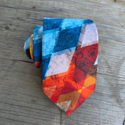 Orange Blue White Plaid Silk Tie Pocket Square Cufflink Set