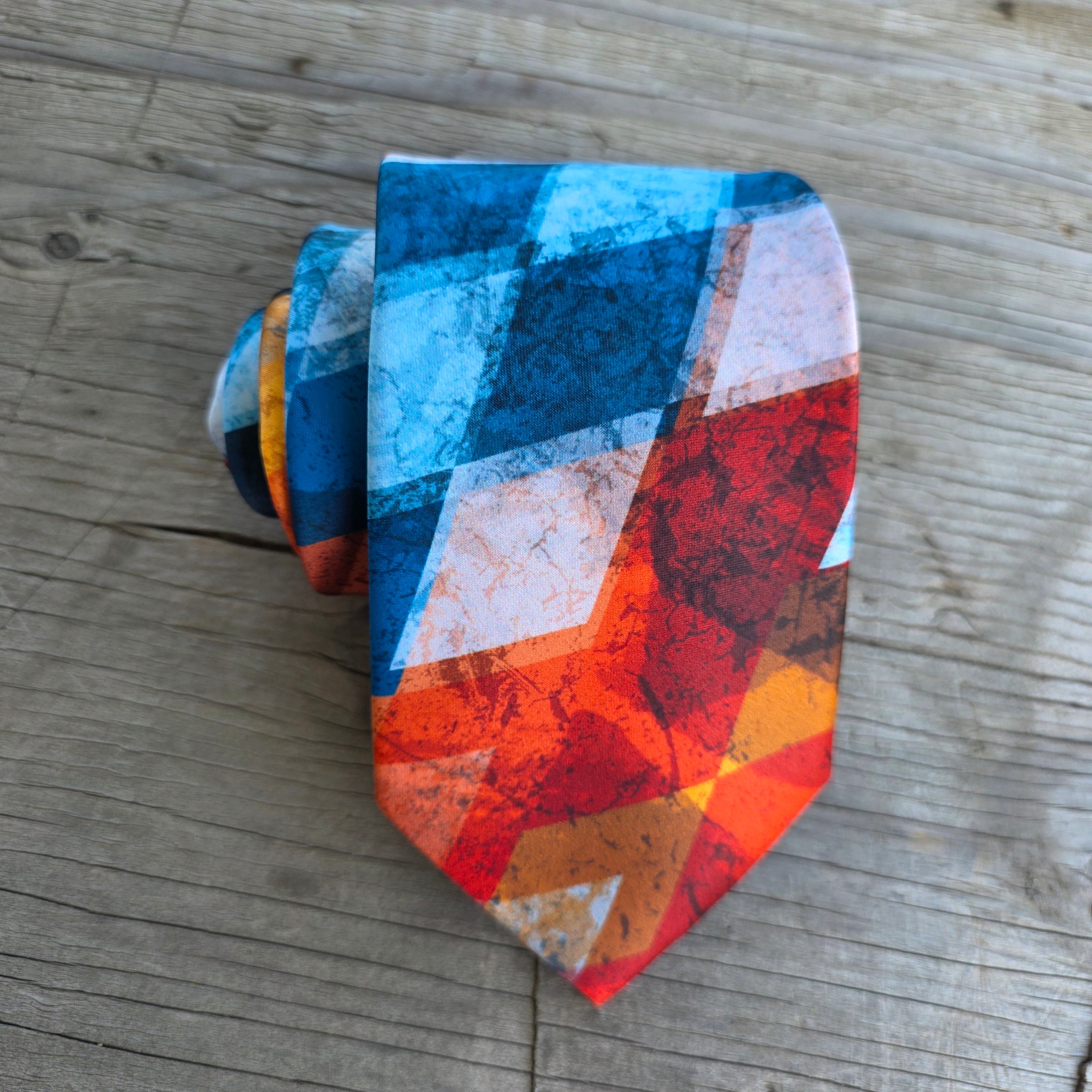 Orange Blue White Plaid Silk Tie Pocket Square Cufflink Set