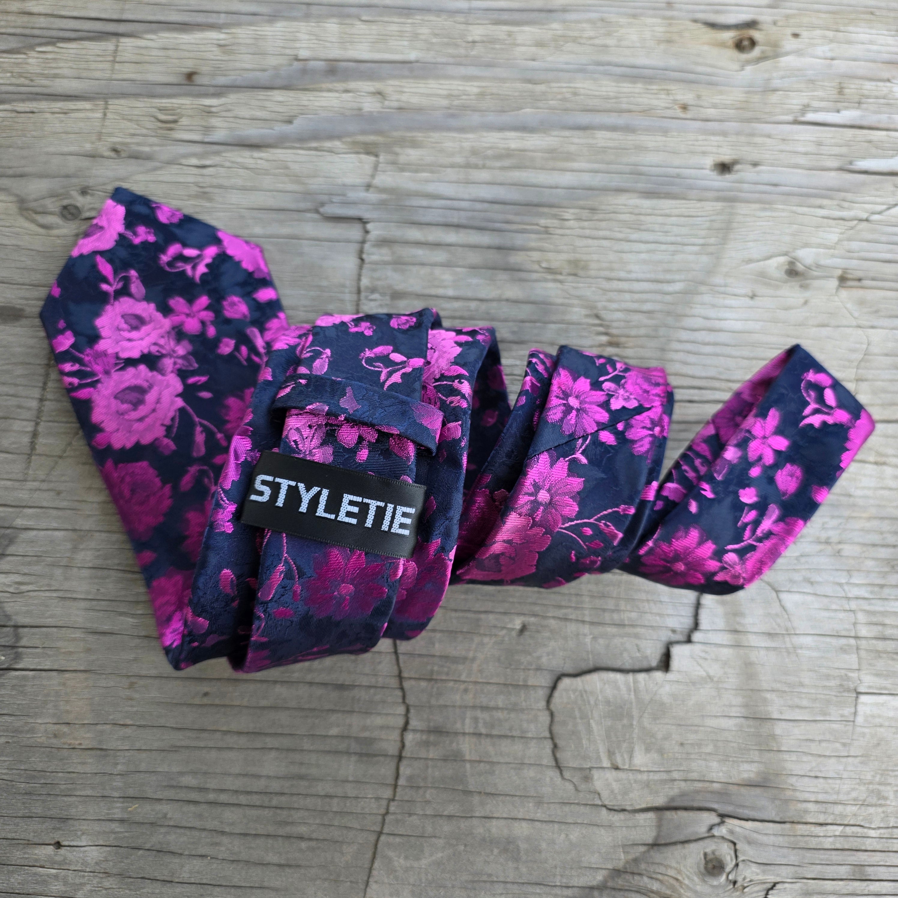 Navy Hot Pink Floral Silk Tie Pocket Square Cufflink Set