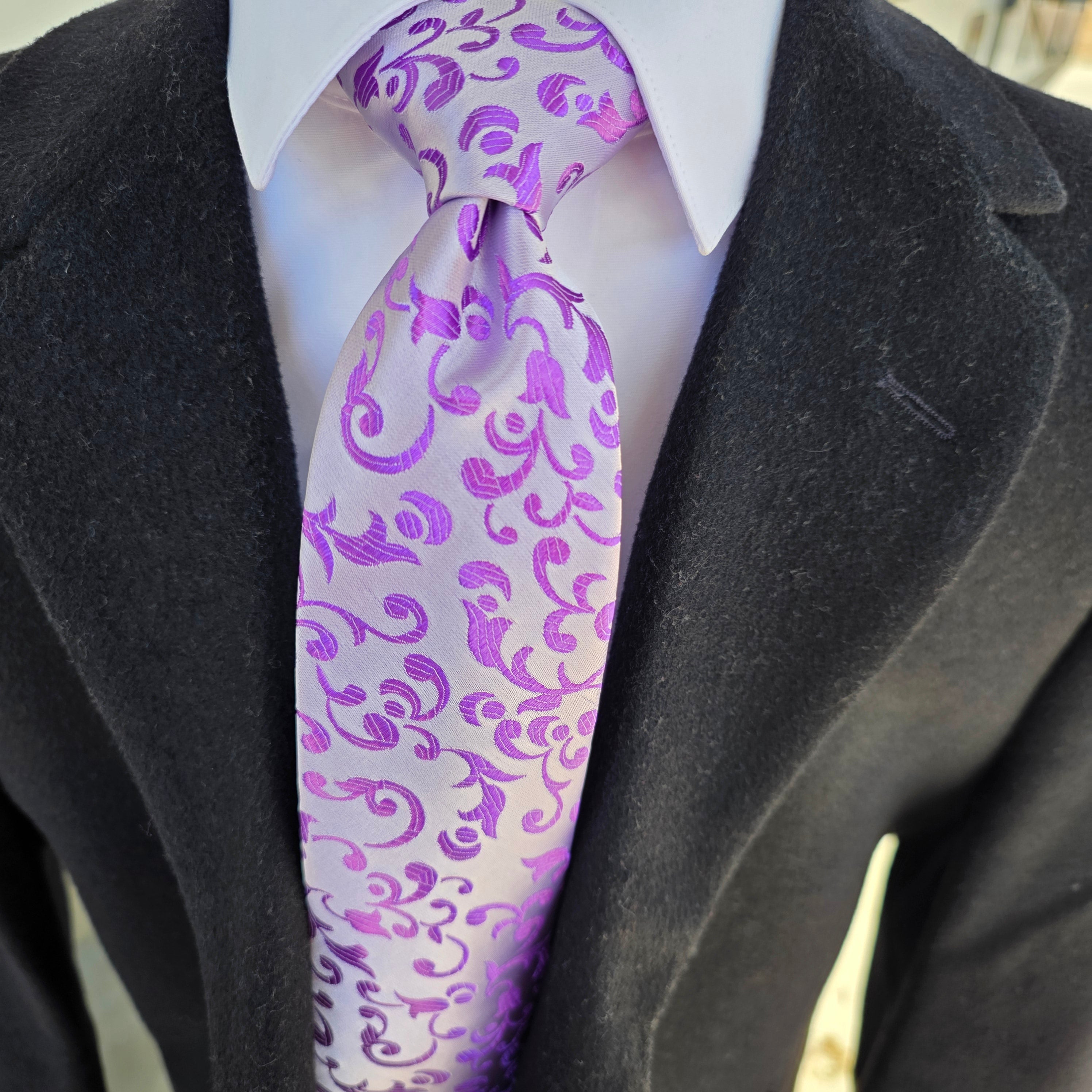 Lavender Purple Floral Silk Tie Pocket Square Cufflinks Set