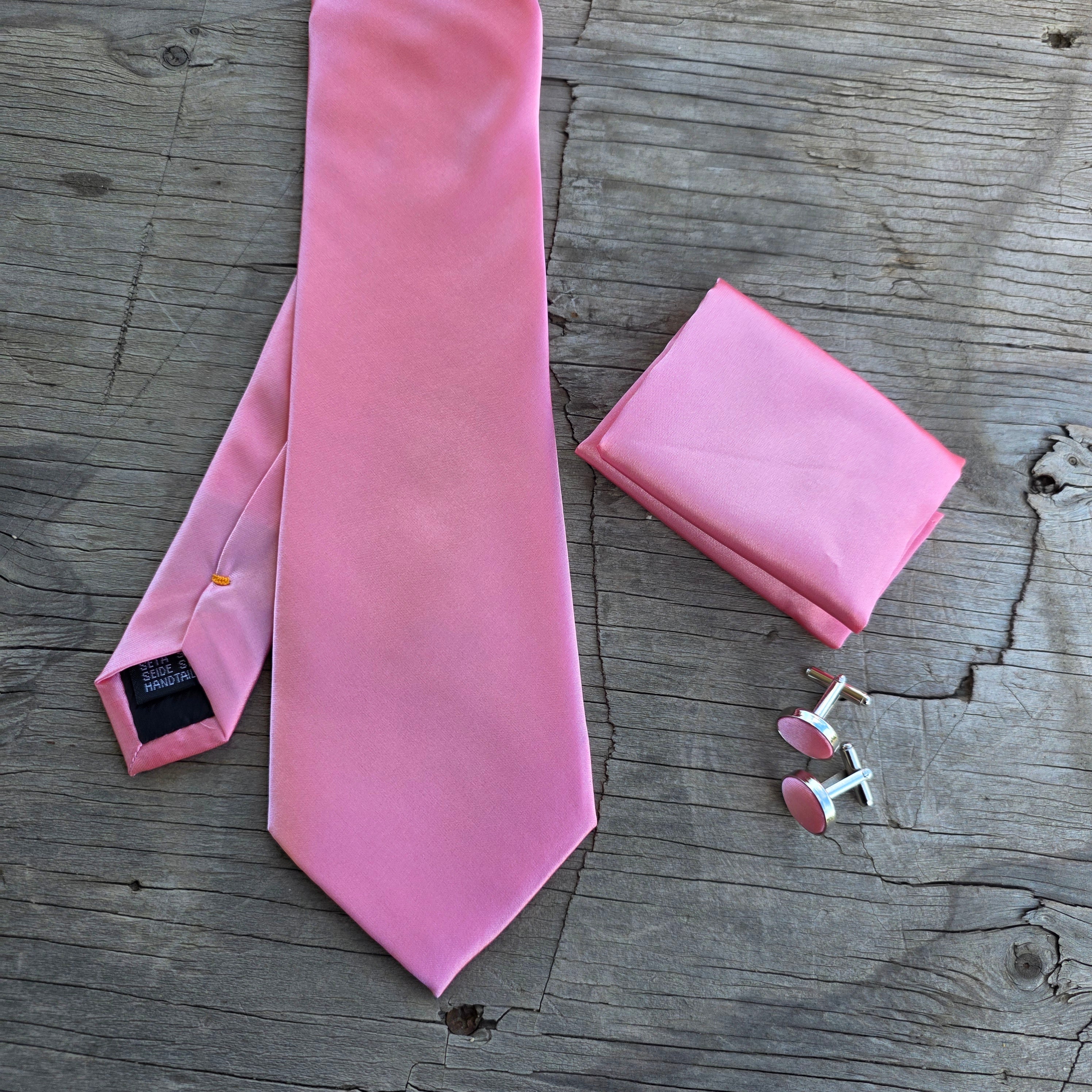 Light Pink Solid Silk Tie Pocket Square Cufflink Set