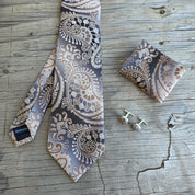 Khaki Gray Paisley Silk Tie Pocket Square Cufflink Set
