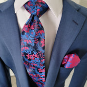 Blue Hot Pink Flower Silk Tie Pocket Square Cufflink Set