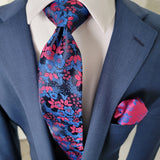 Blue Hot Pink Flower Silk Tie Pocket Square Cufflink Set