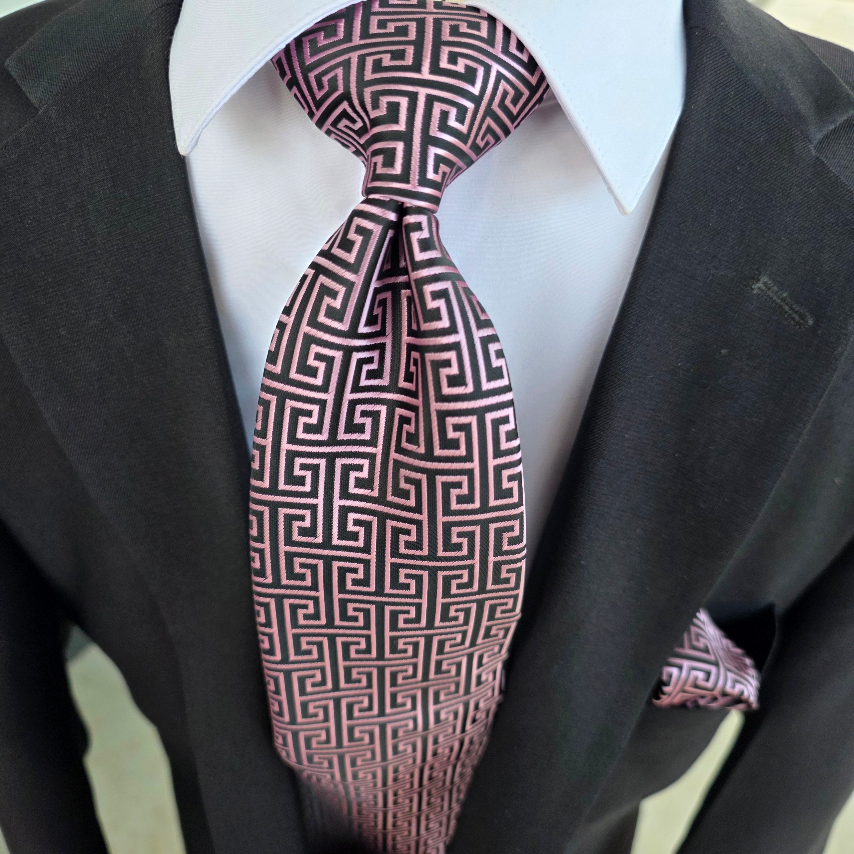Black Pink Geometric Silk Tie Pocket Square Cufflink Set