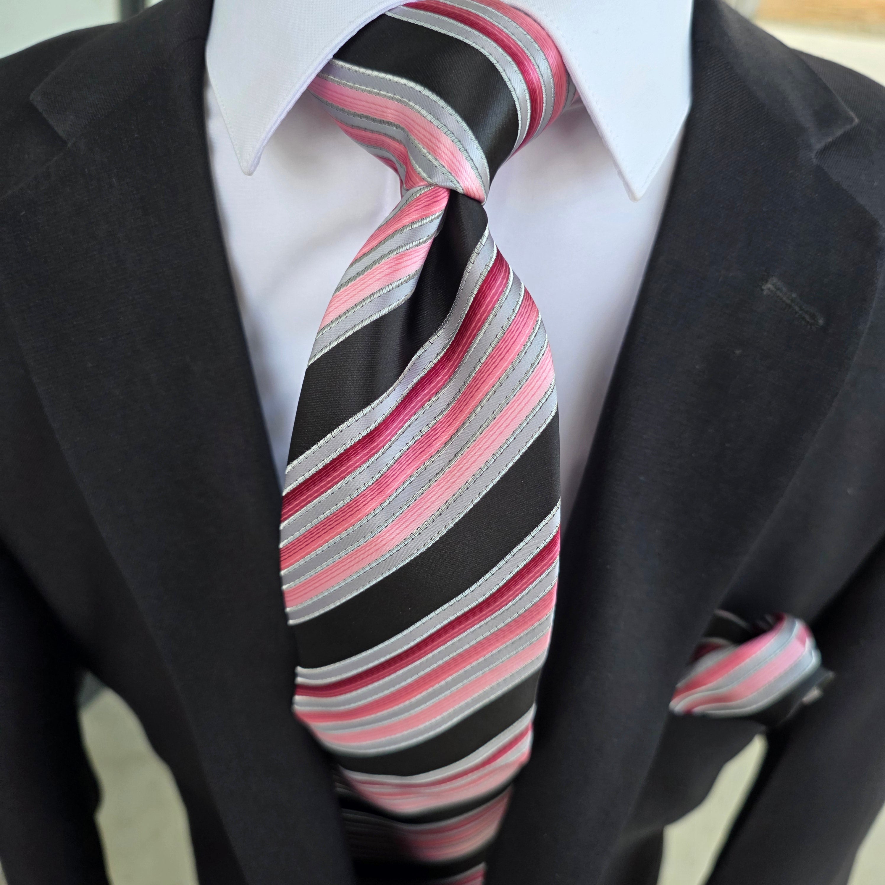 Black Pink Stripe Silk Tie Pocket Square Cufflink Set