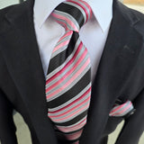Black Pink Stripe Silk Tie Pocket Square Cufflink Set