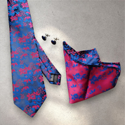 Blue Hot Pink Flower Silk Tie Pocket Square Cufflink Set