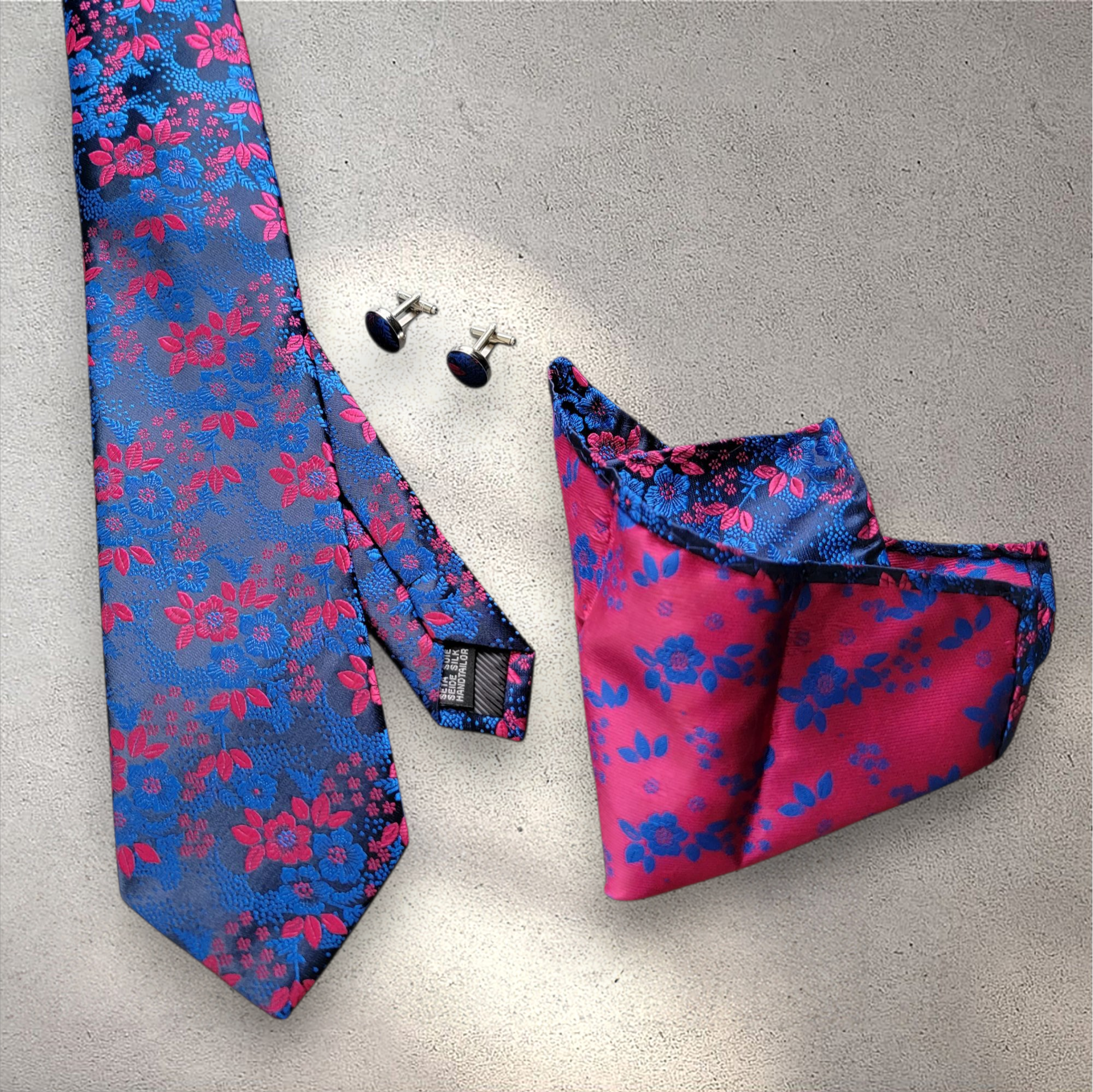 Blue Hot Pink Flower Silk Tie Pocket Square Cufflink Set