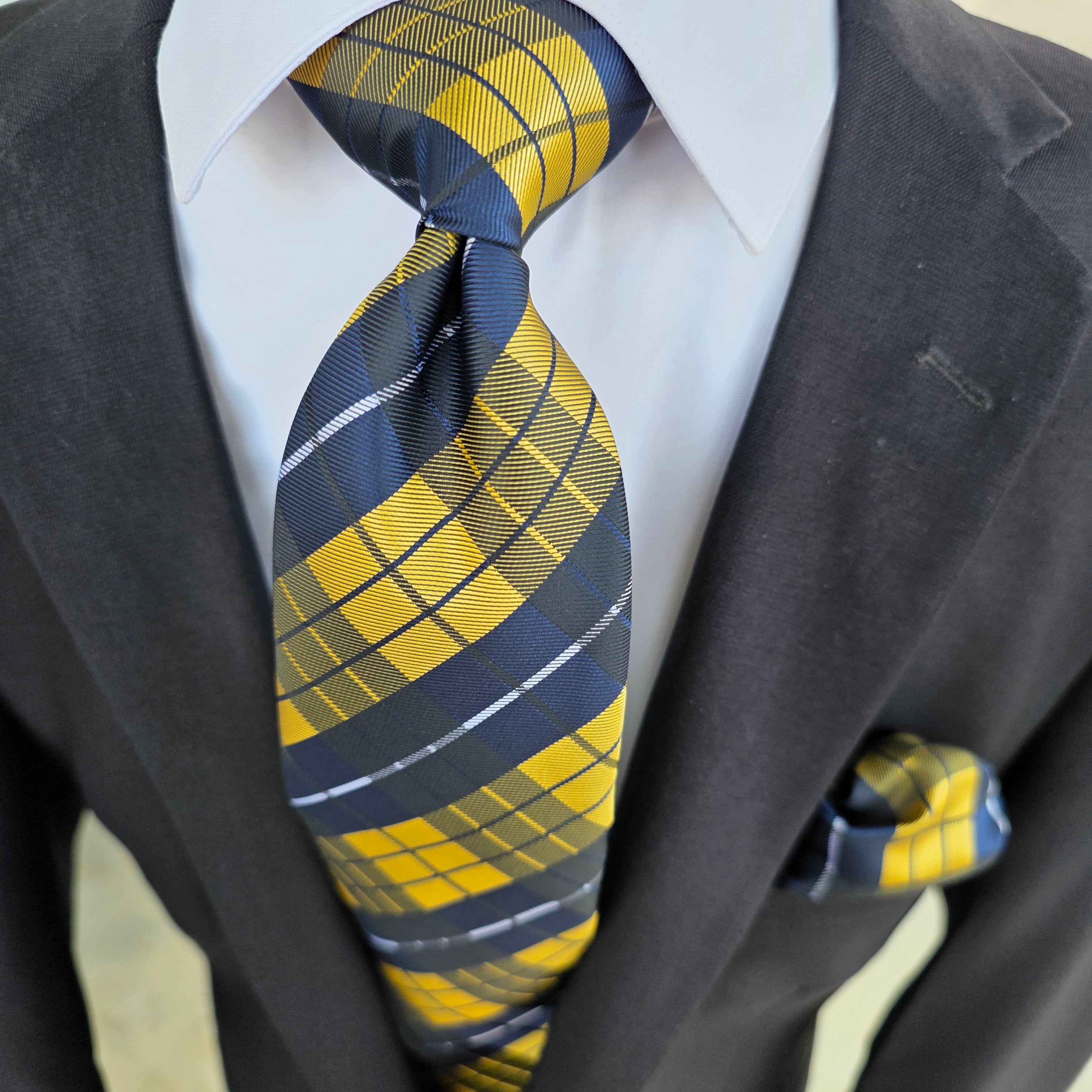 Navy Yellow Plaid Silk Tie Pocket Square Cufflink Set
