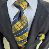 Navy Yellow Plaid Silk Tie Pocket Square Cufflink Set