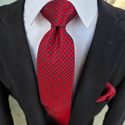 Extra Long Red Geometric Tie Pocket Square Cufflink Set