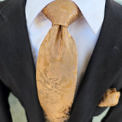 Gold Floral Pattern Silk Tie Pocket Square Cufflink Set