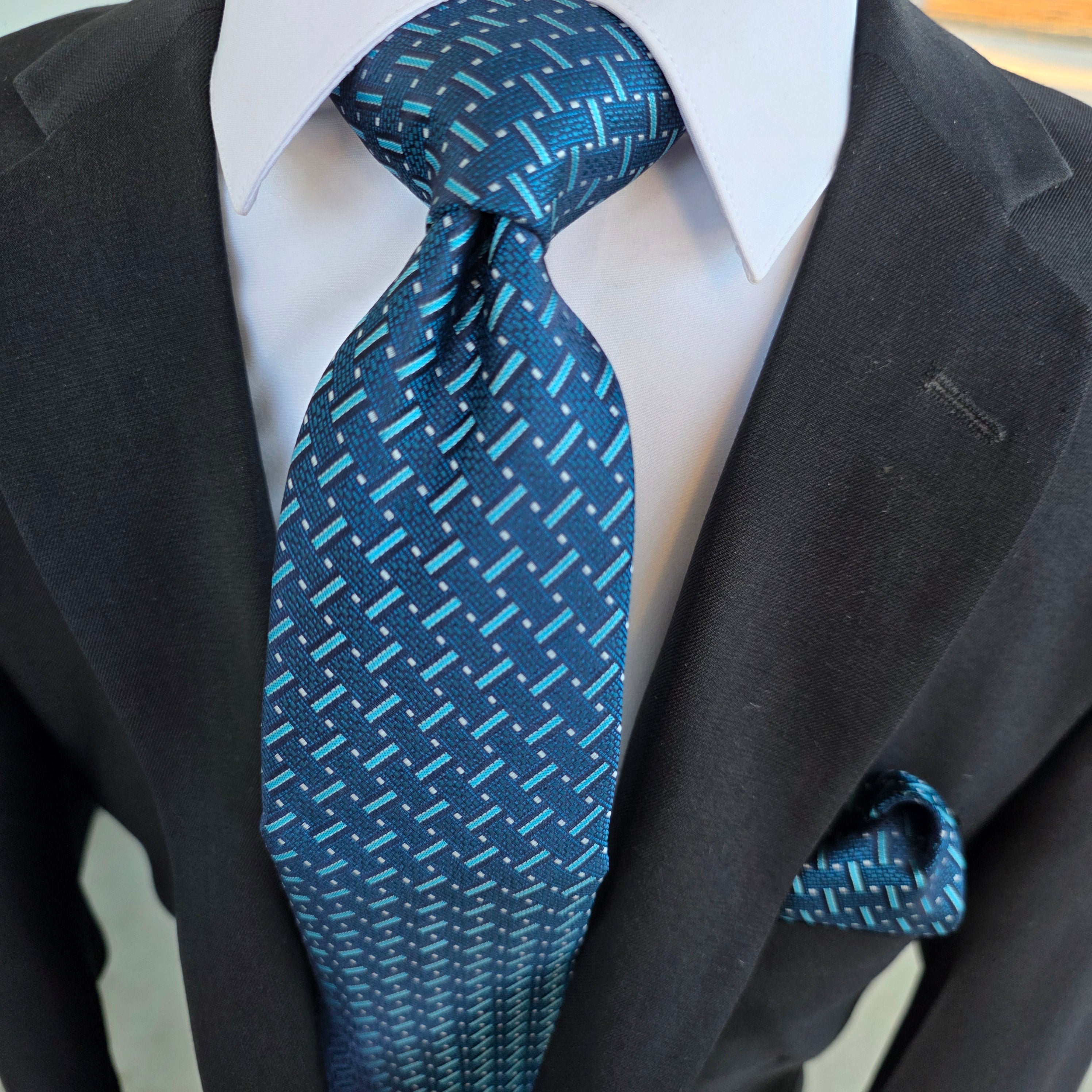 Navy Blue Stripe Silk Tie Pocket Square Cufflink Set