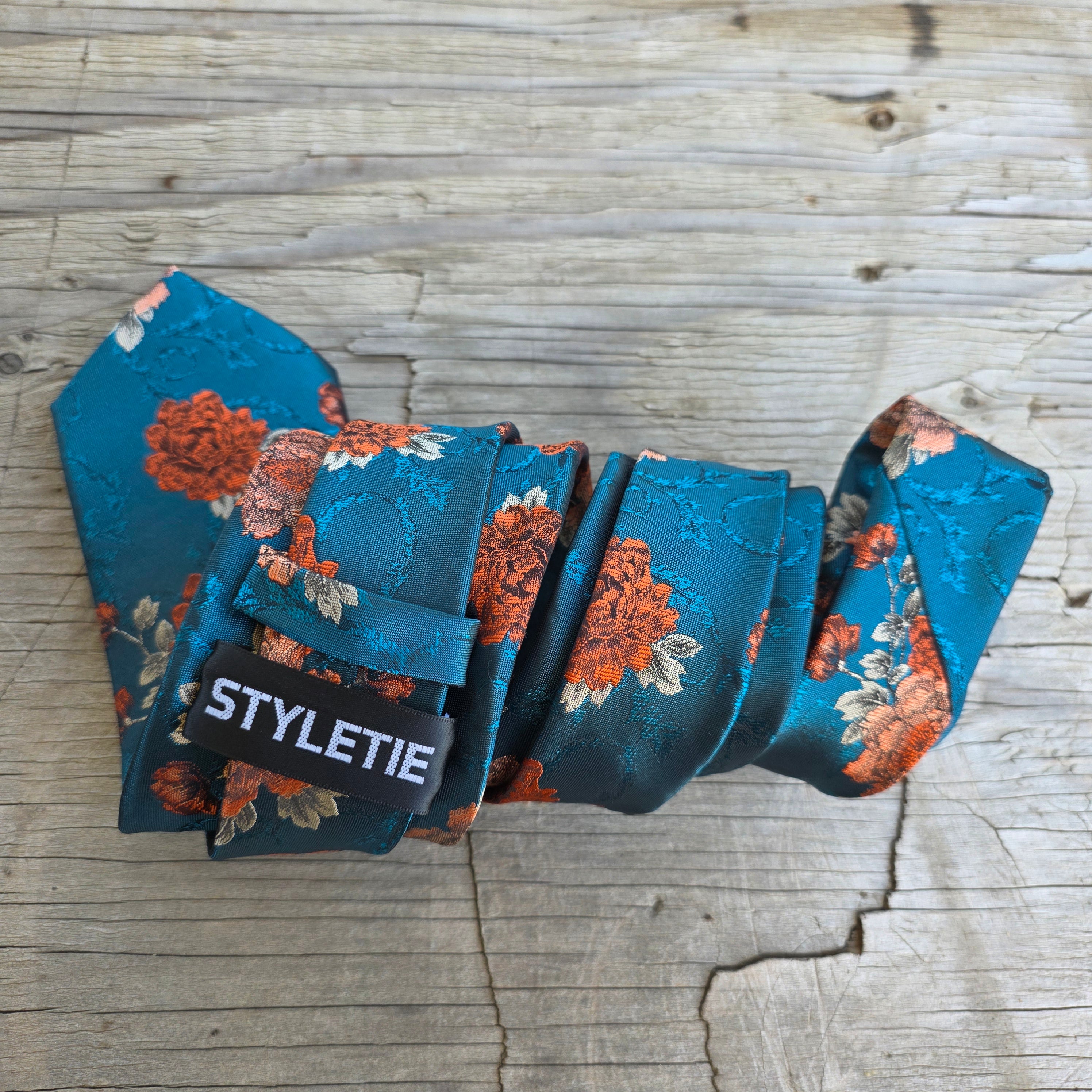 Dark Teal Burned Orange Flower Silk Tie Pocket Square Cufflink Set