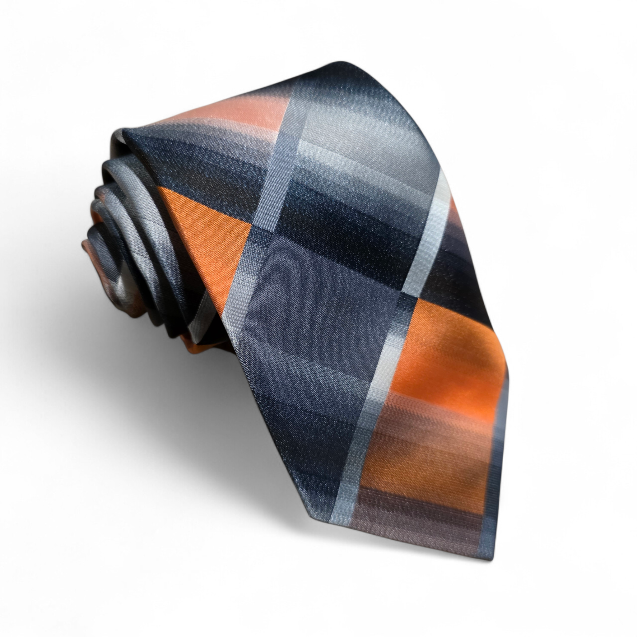 Gray Orange Plaid Silk Tie Pocket Square Cufflink Set
