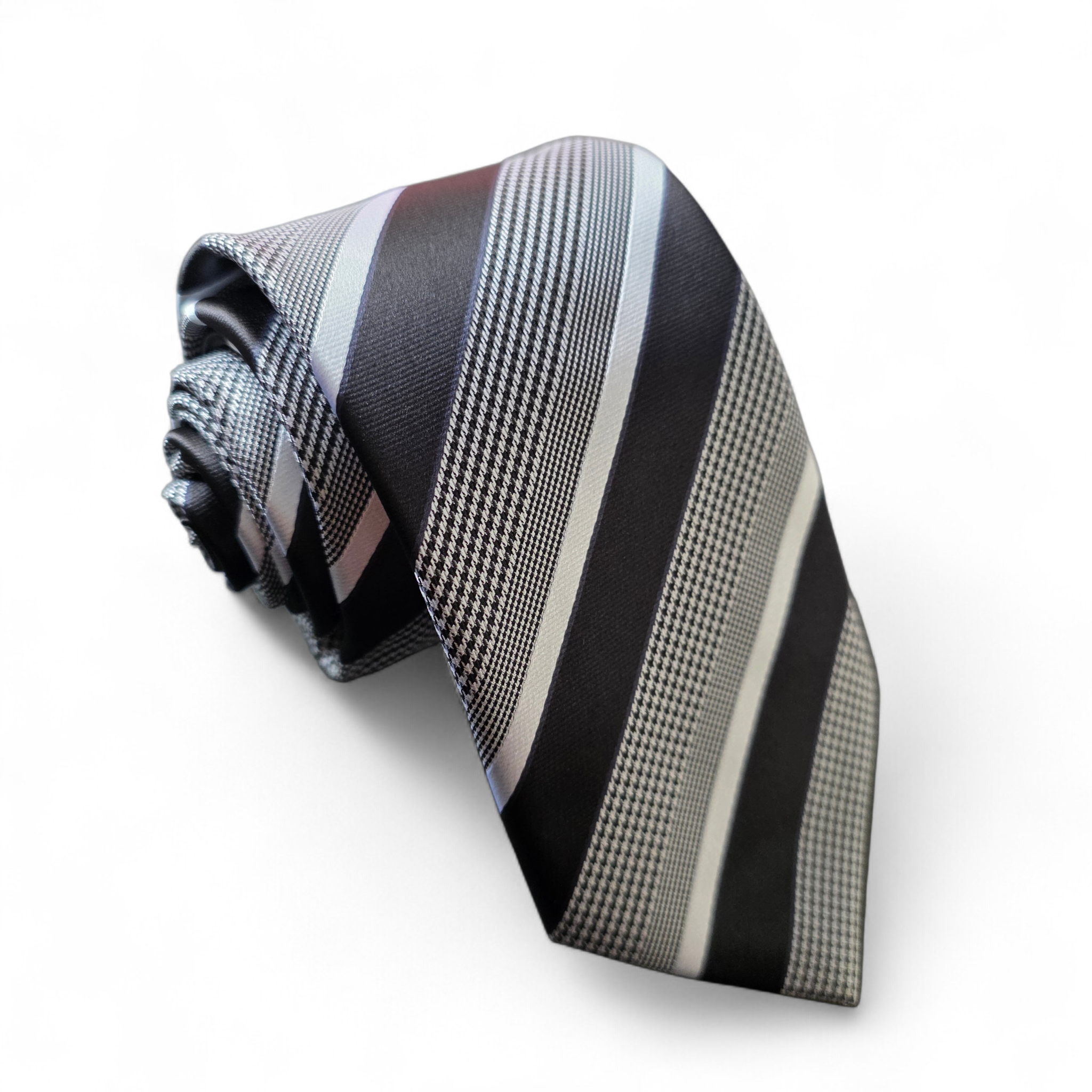 Black White Classic Stripe Silk Tie Pocket Square Cufflink Set