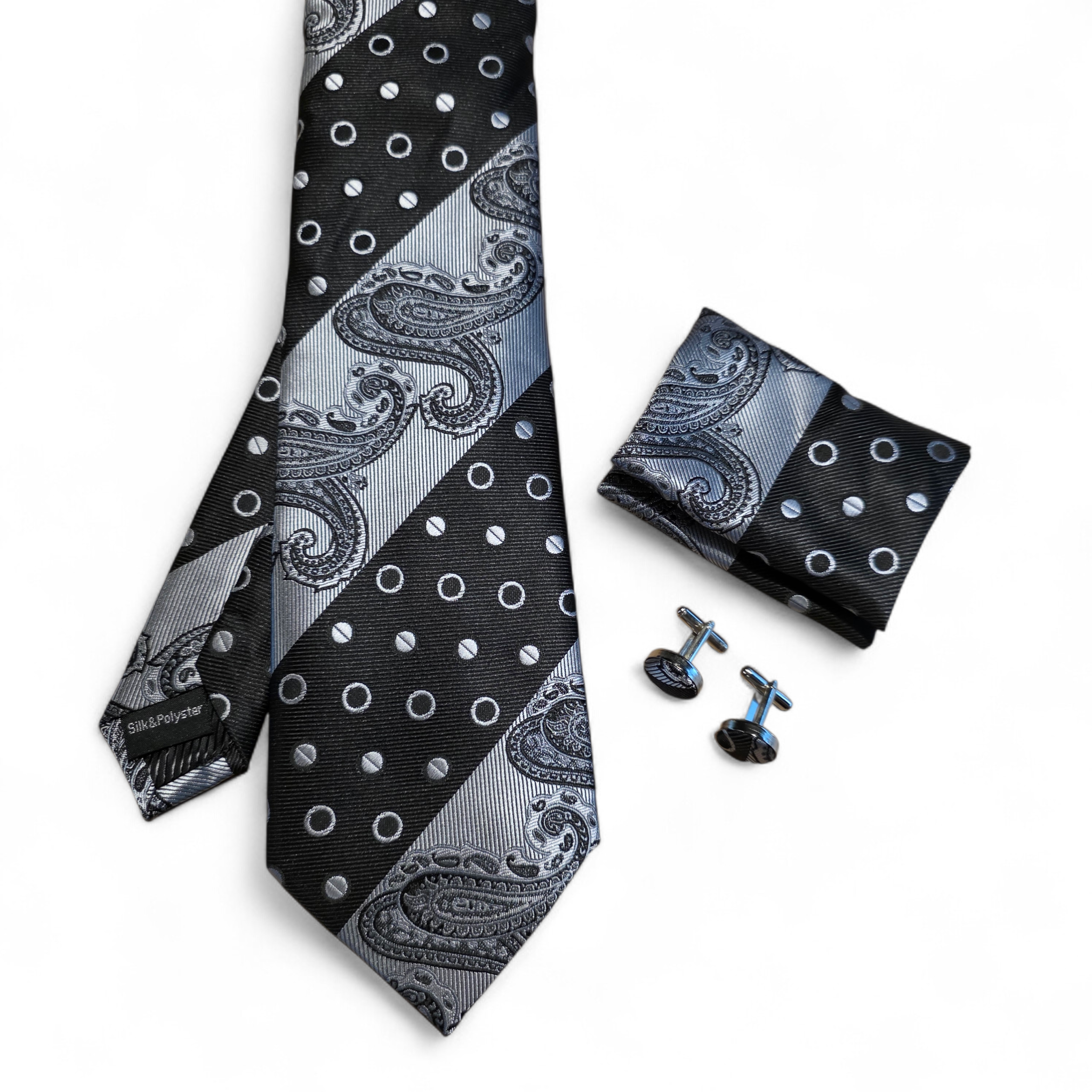 Black Gray Paisley Polka Dot Silk Tie Pocket Square Cufflink Set