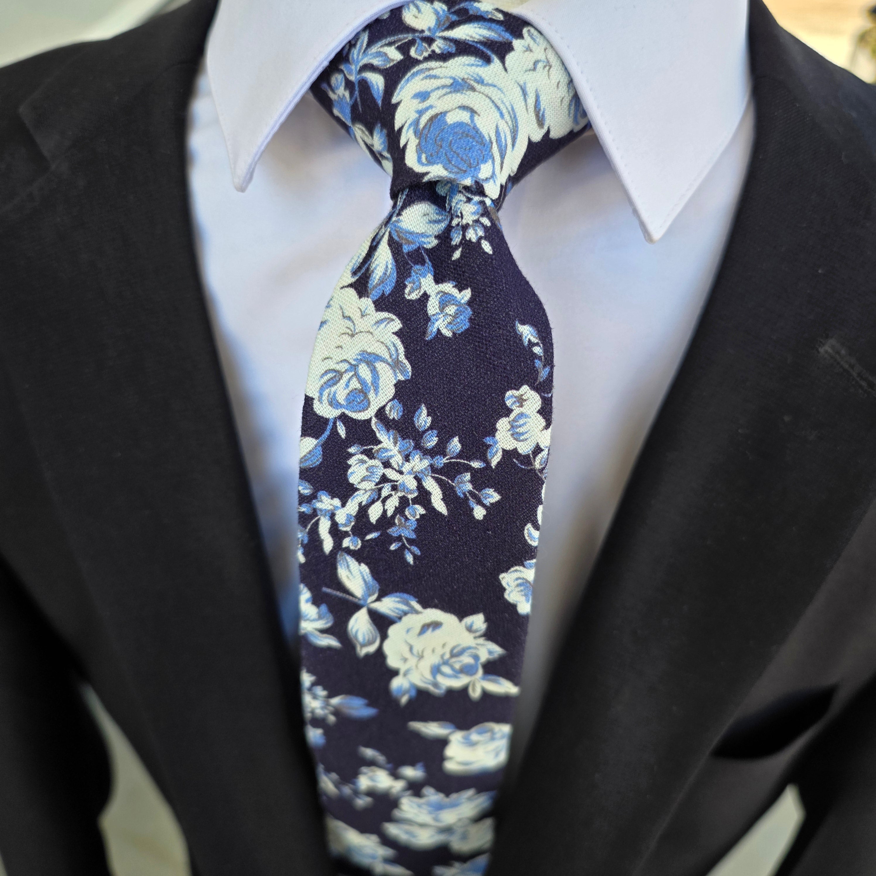 Navy Baby Blue Floral Slim Tie