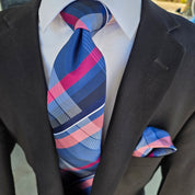 Navy Blue Pink Stripe Silk Tie Pocket Square Cufflink Set