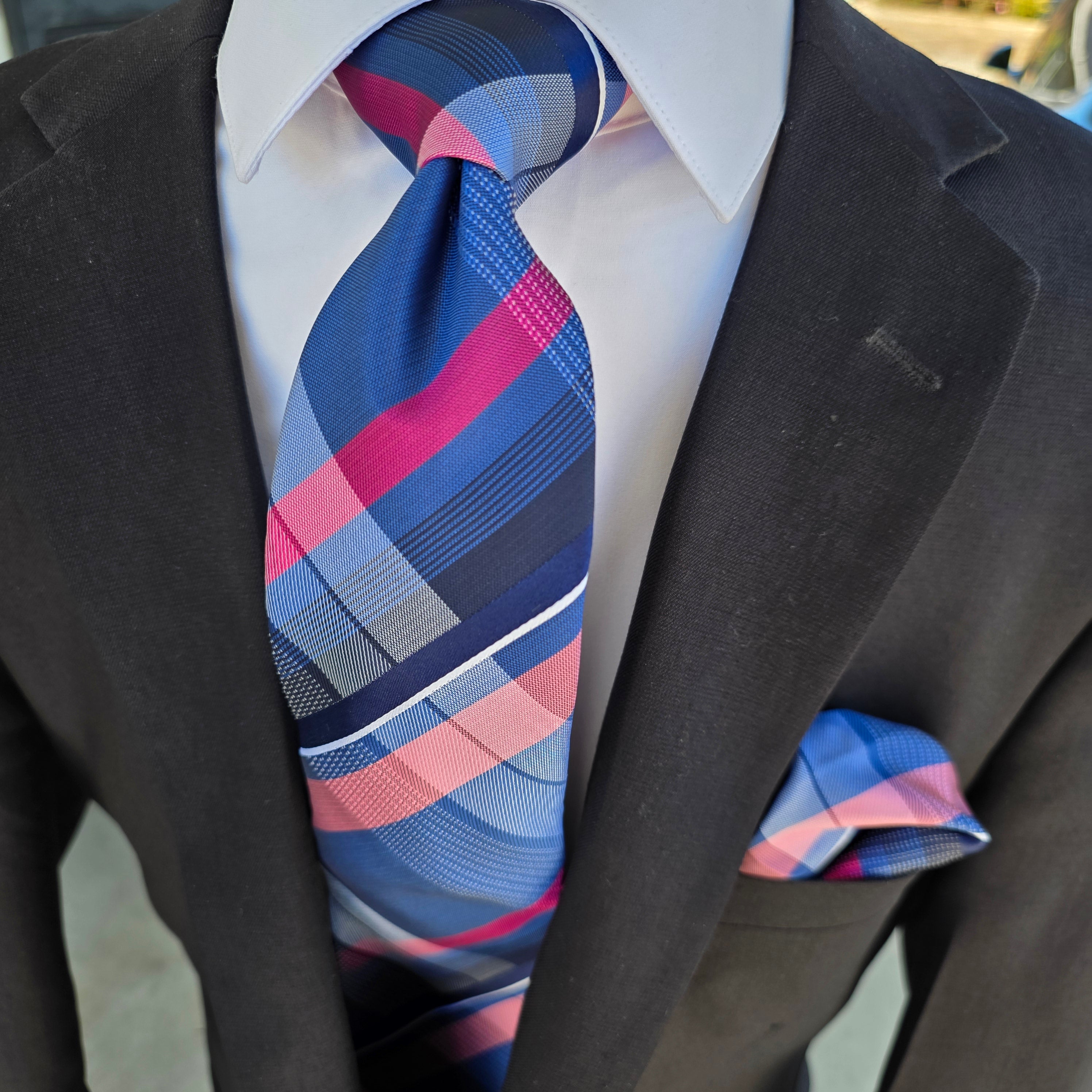 Navy Blue Pink Stripe Silk Tie Pocket Square Cufflink Set