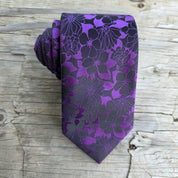 Black Purple Flower Silk Tie Pocket Square Cufflink Set
