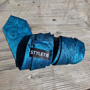 Teal Blue Paisley Silk Tie Pocket Square Cufflink Set