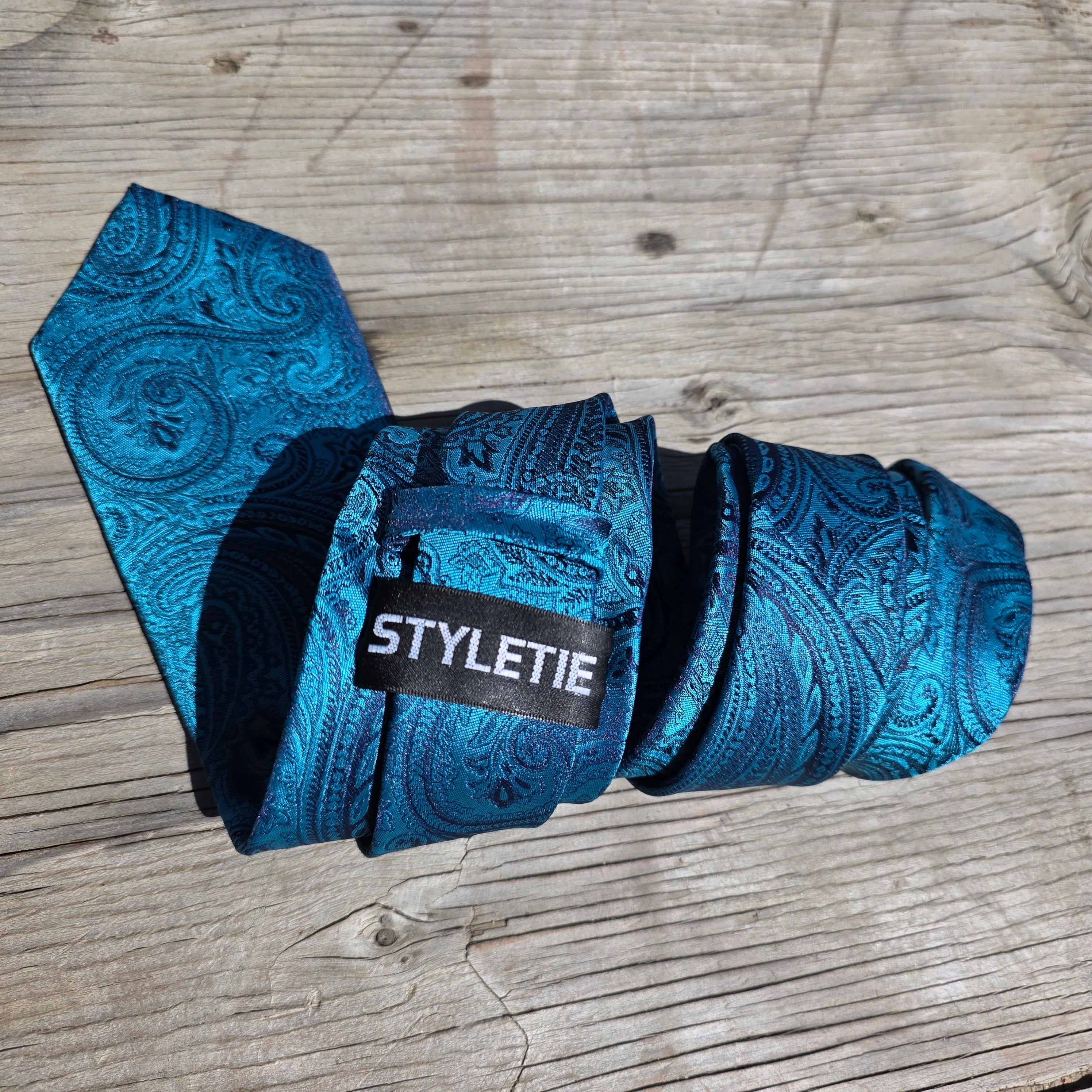 Teal Blue Paisley Silk Tie Pocket Square Cufflink Set