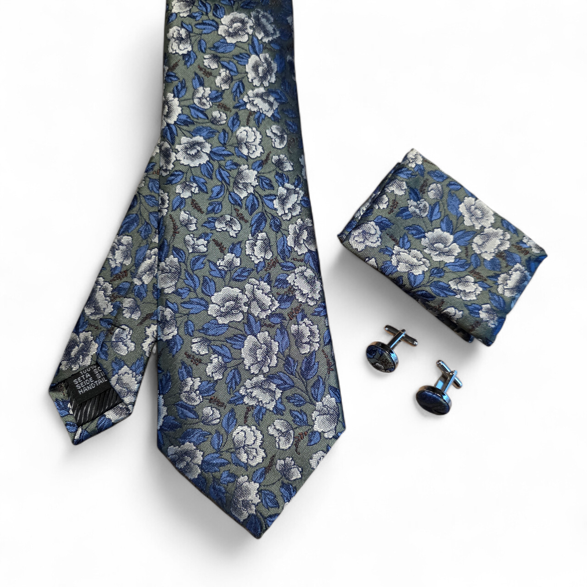 Gray Blue Floral Silk Tie Pocket Square Cufflink Set