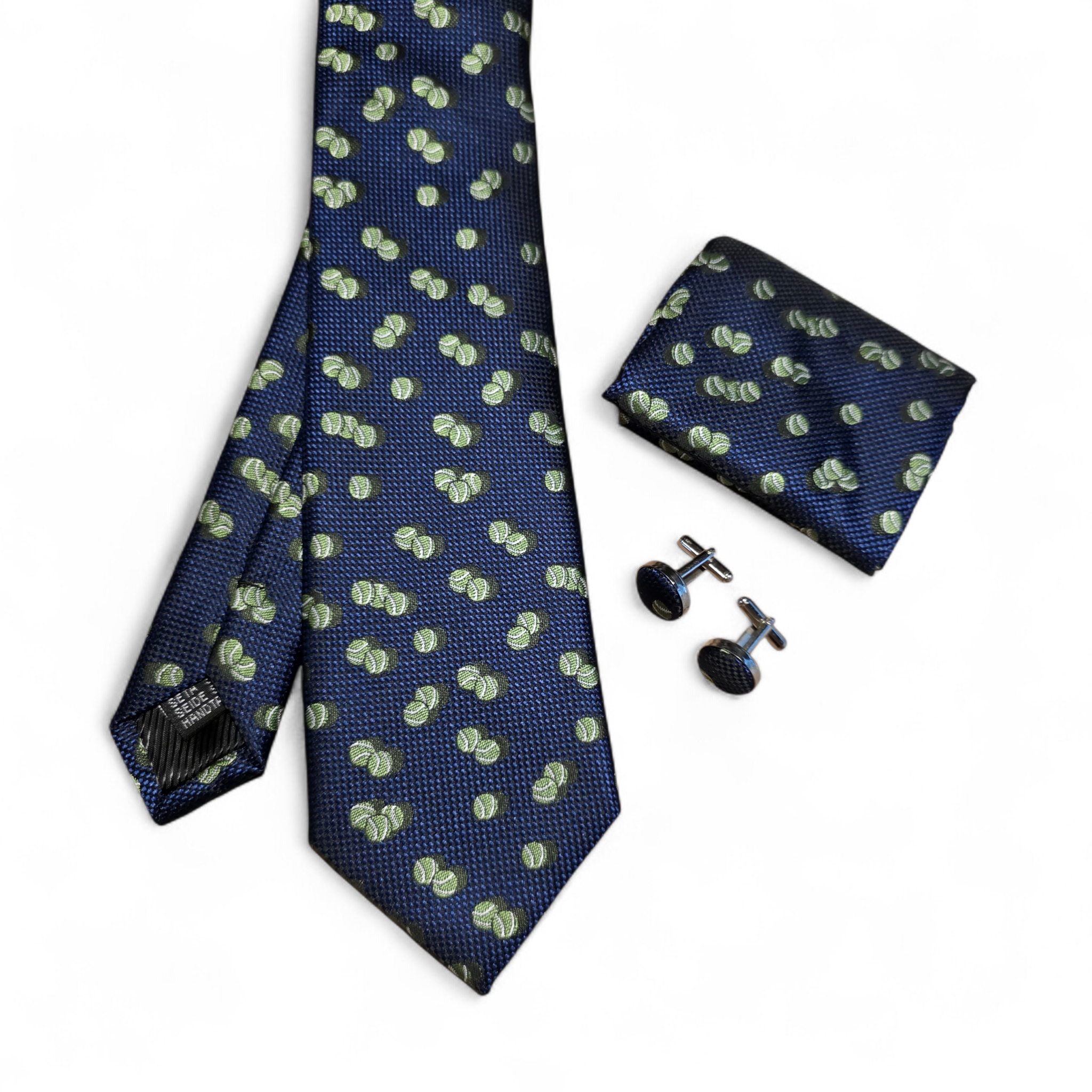 Navy Blue Tennis Silk Tie Pocket Square Cufflink Set