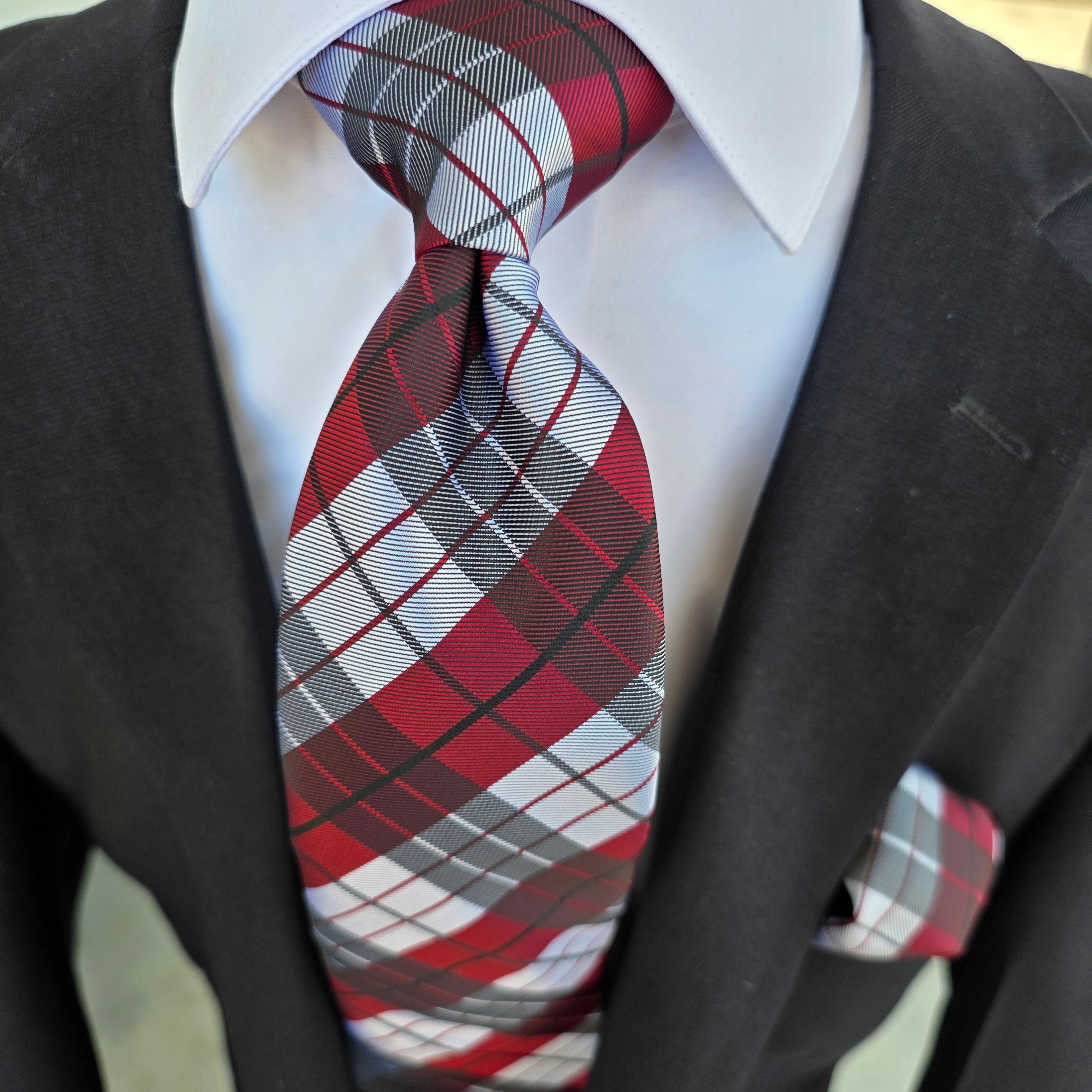 White Burgundy Plaid Silk Tie Pocket Square Cufflink Set
