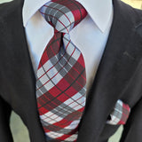 White Burgundy Plaid Silk Tie Pocket Square Cufflink Set