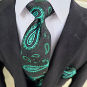 Black Green Paisley Silk Tie Pocket Square Set
