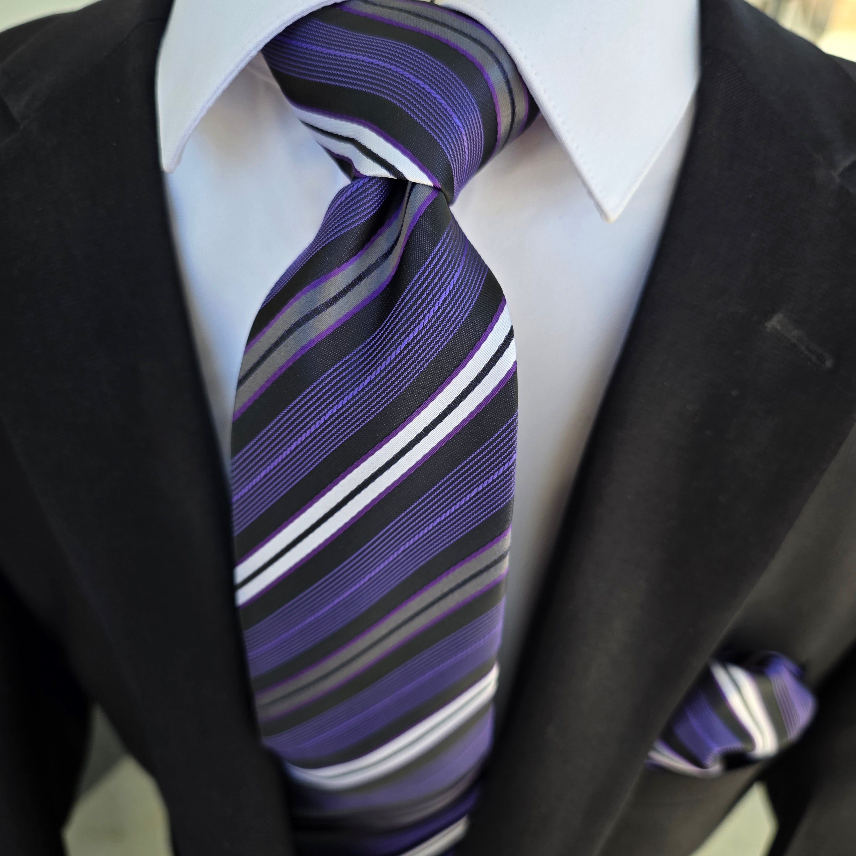 Purple White Stripe Silk Tie Pocket Square Cufflink Set