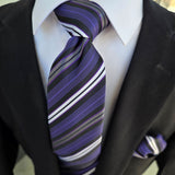 Purple White Stripe Silk Tie Pocket Square Cufflink Set