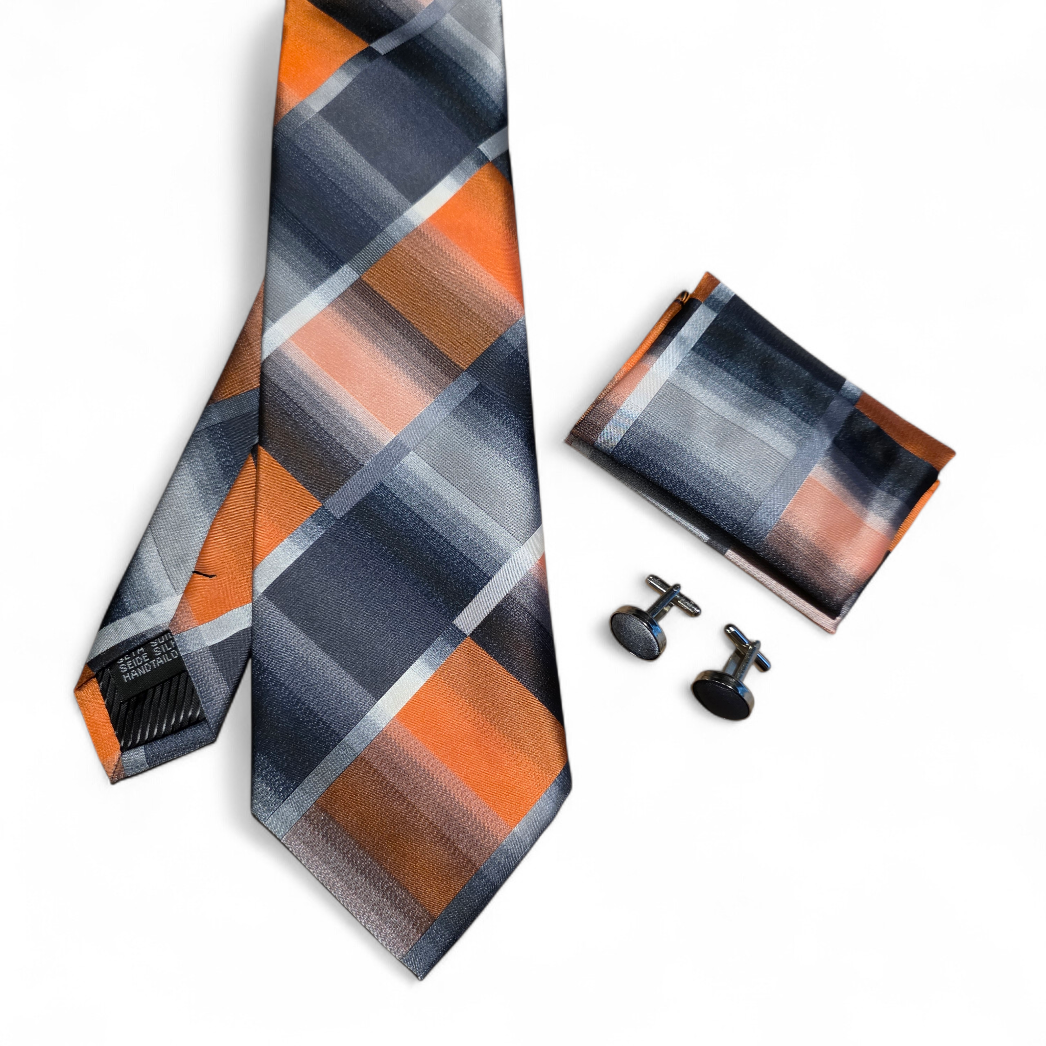 Gray Orange Plaid Silk Tie Pocket Square Cufflink Set