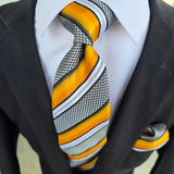 Fire Yellow Black White Stripe Silk Tie Pocket Square Cufflink Set