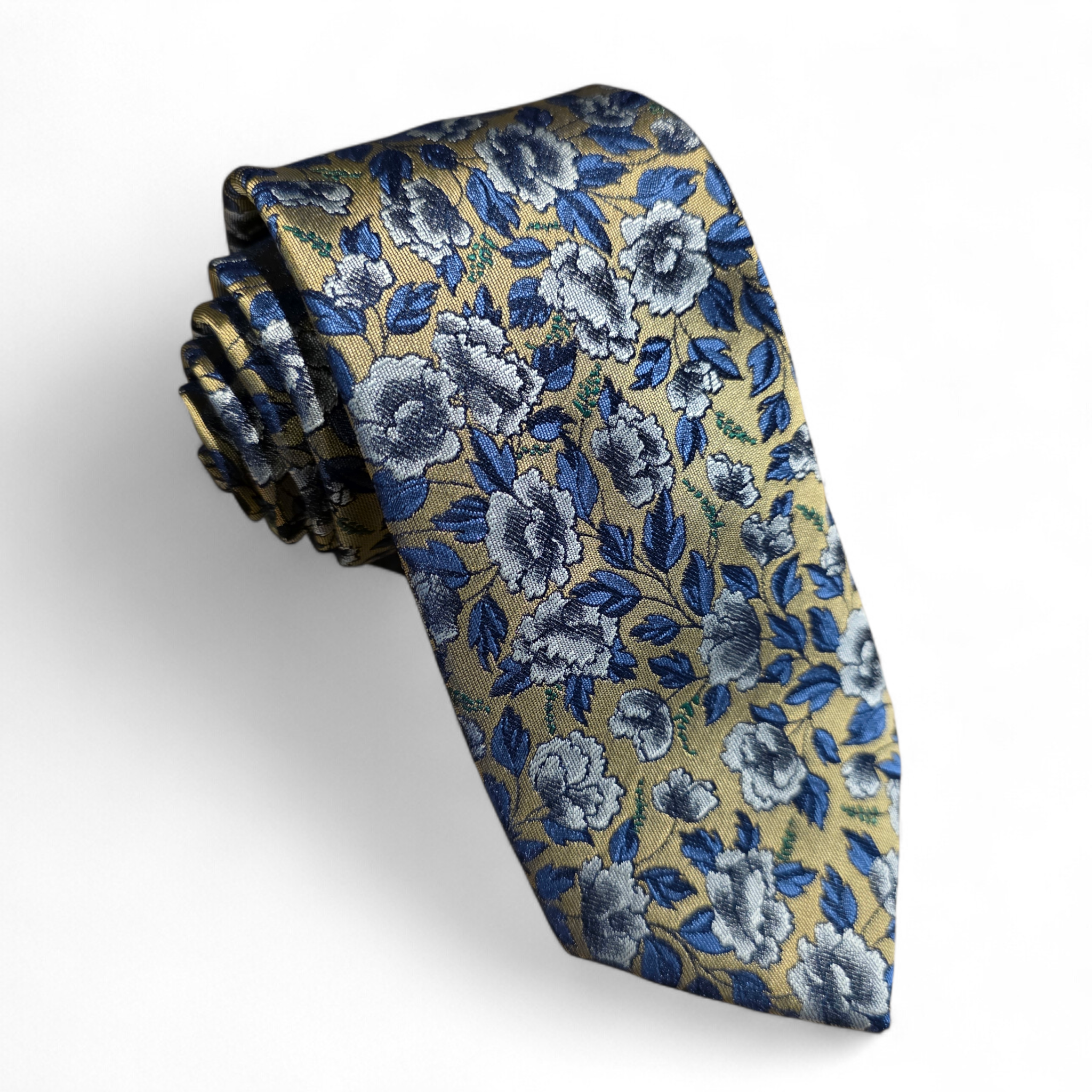 Antique Gold Blue Floral Silk Tie Pocket Square Cufflink Set
