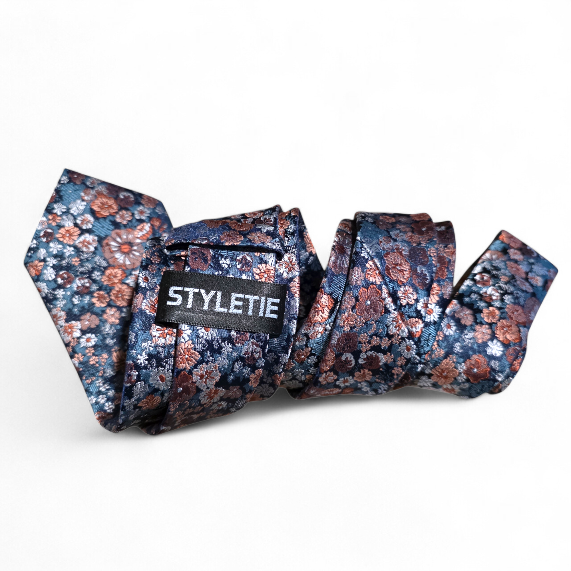 Peach Gray Floral Silk Tie Pocket Square Cufflink Set
